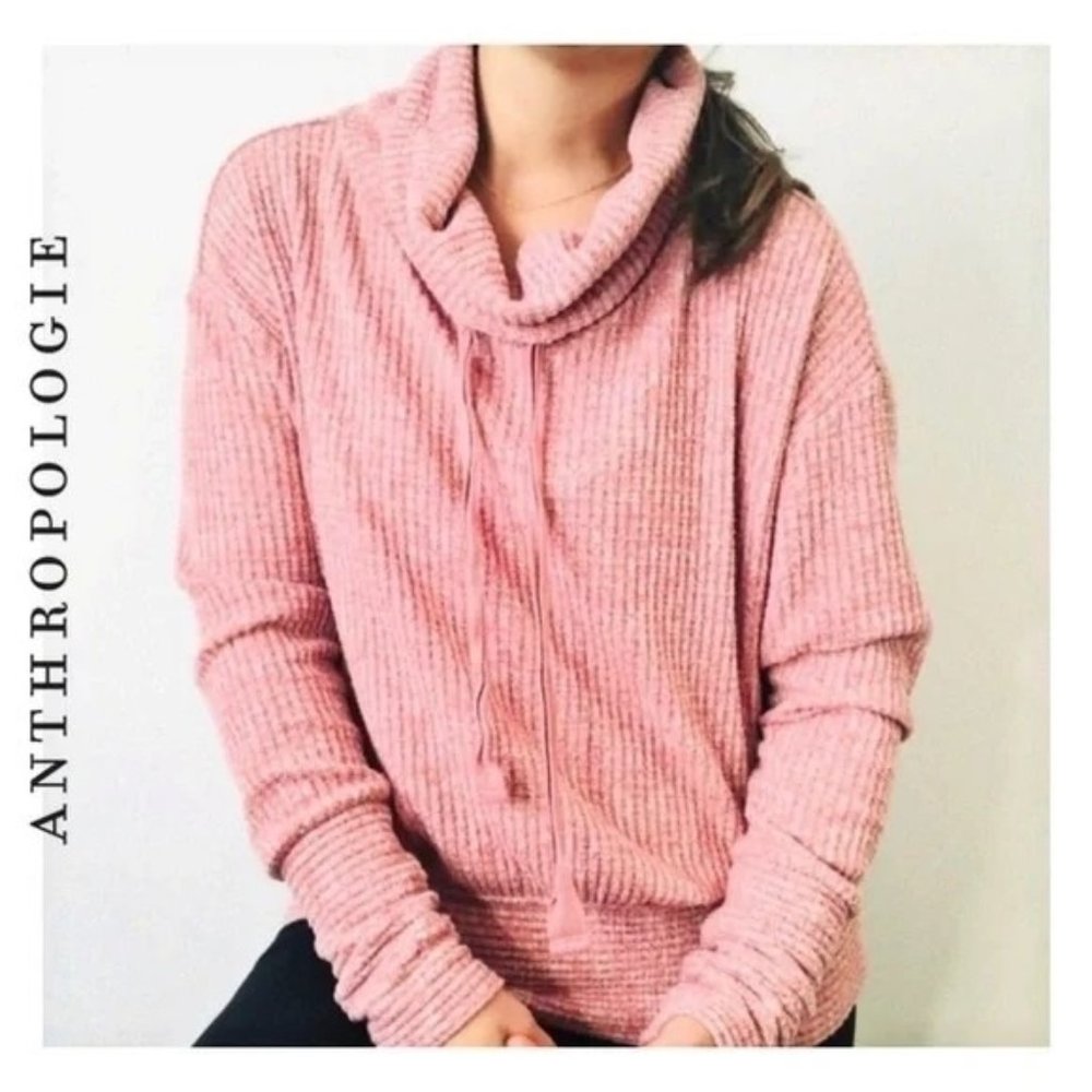 Saturday Sunday Anthropologie Pink Waffle Knit Pullover Sweater Funnel Cowl Neck